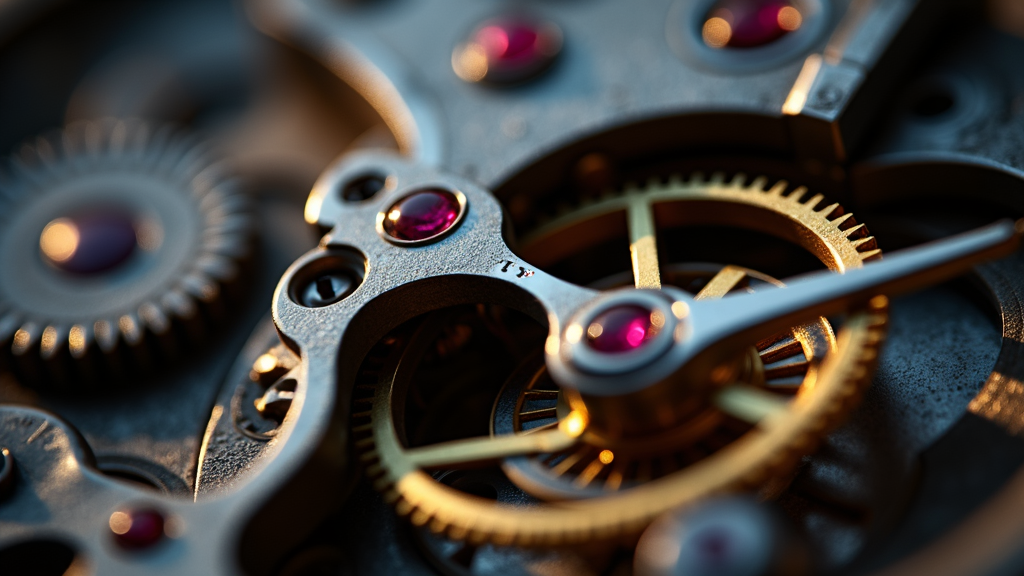 Macro view of a Swiss lever escapement showing pallet fork, escape wheel, and ruby jewels inside a mechanical watch movement
