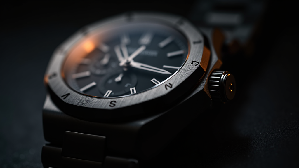 Close-up of an integrated stainless steel sports watch with an octagonal bezel and integrated bracelet under dramatic editorial lighting