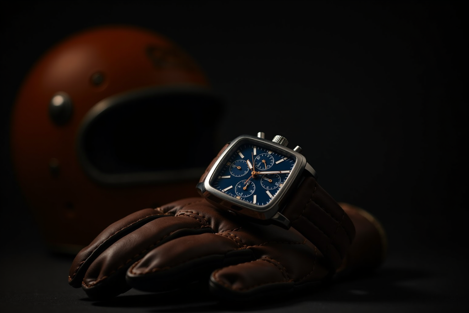 Vintage square-cased racing chronograph on a leather driving glove beside a Le Mans-era helmet, moody editorial lighting