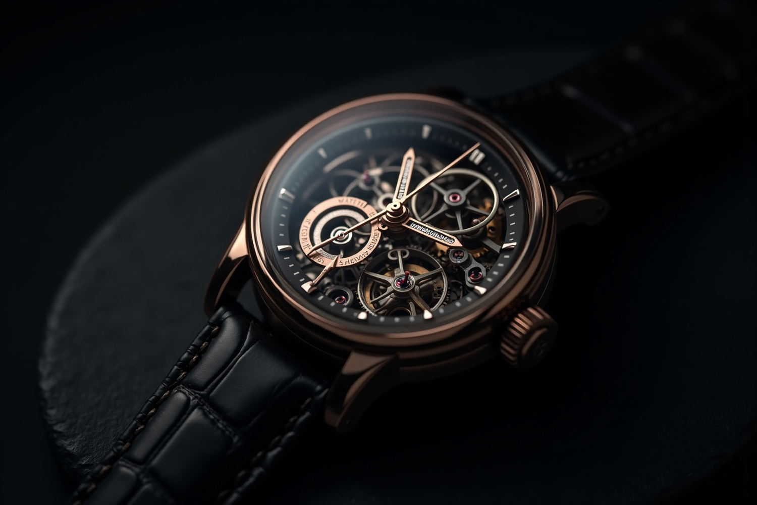 Skeletonized luxury mechanical watch with exposed movement, hand-finished bridges and visible gears on dark background
