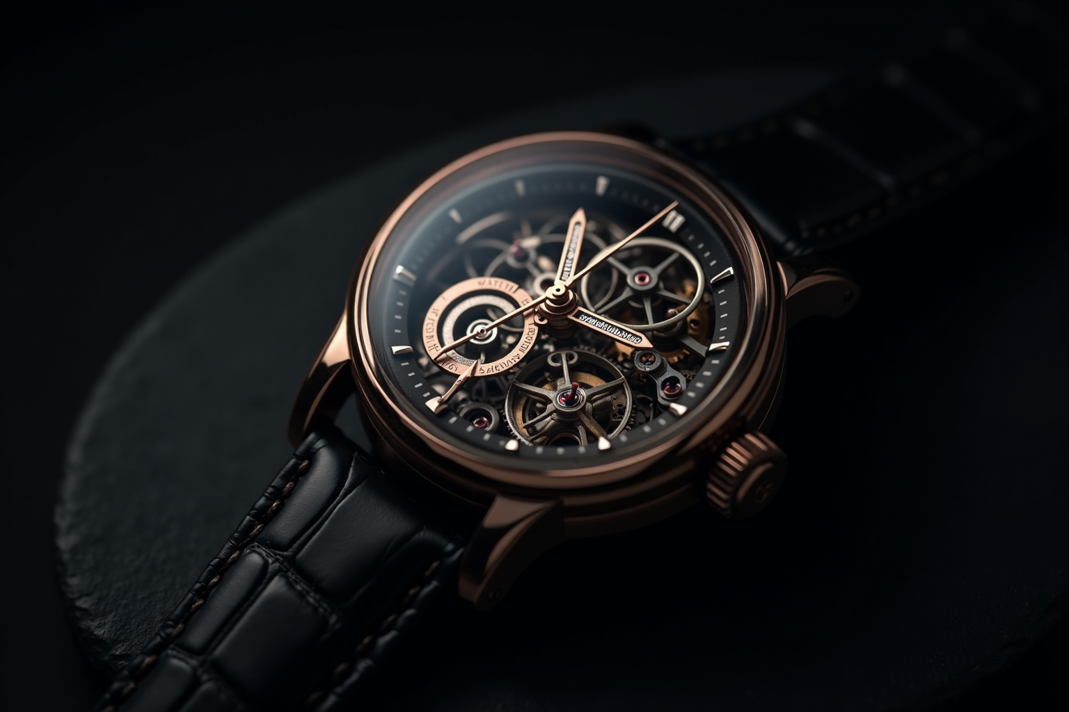 Skeletonized luxury mechanical watch with exposed movement, hand-finished bridges and visible gears on dark background