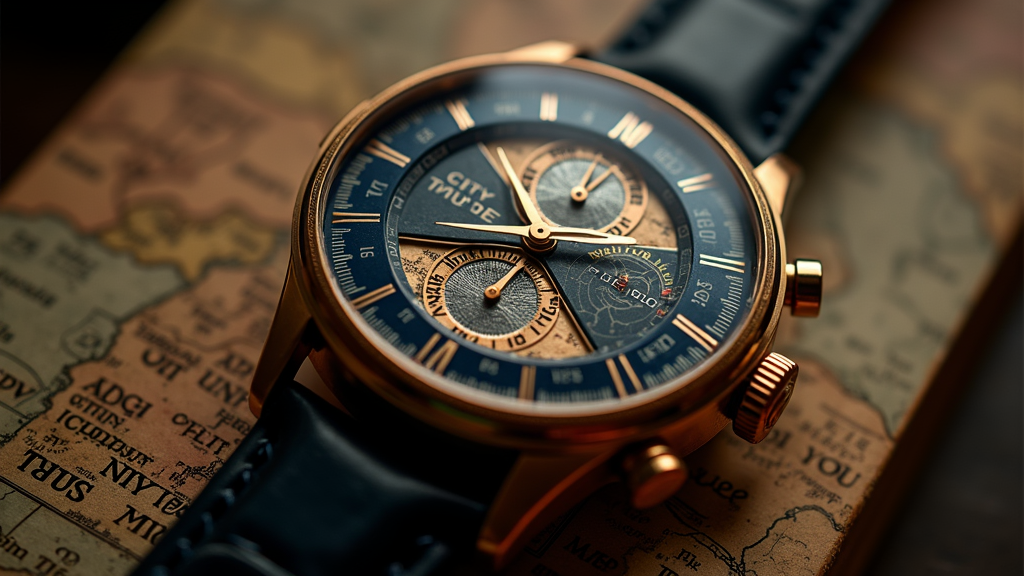 Editorial luxury world time watch with 24 city ring and day-night disc on antique cartography background
