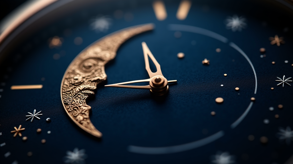 Macro close-up of a moon phase complication on a deep blue aventurine watch dial with gold moon and stars