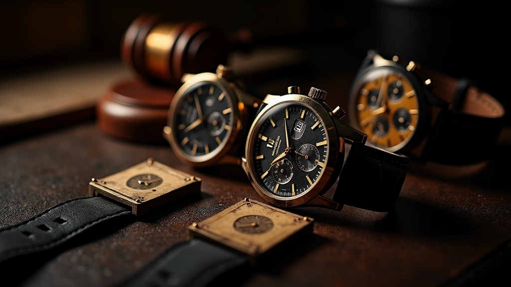 Editorial still life of vintage and modern luxury mechanical watches arranged on dark leather under moody auction-house lighting