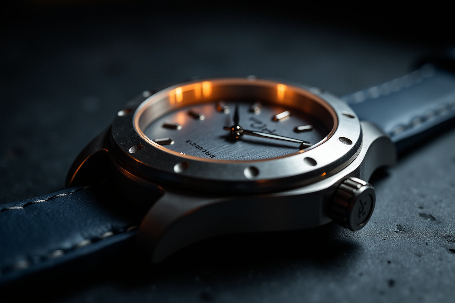 Macro detail of brushed grade 5 titanium watch case showing the cool industrial texture of the material