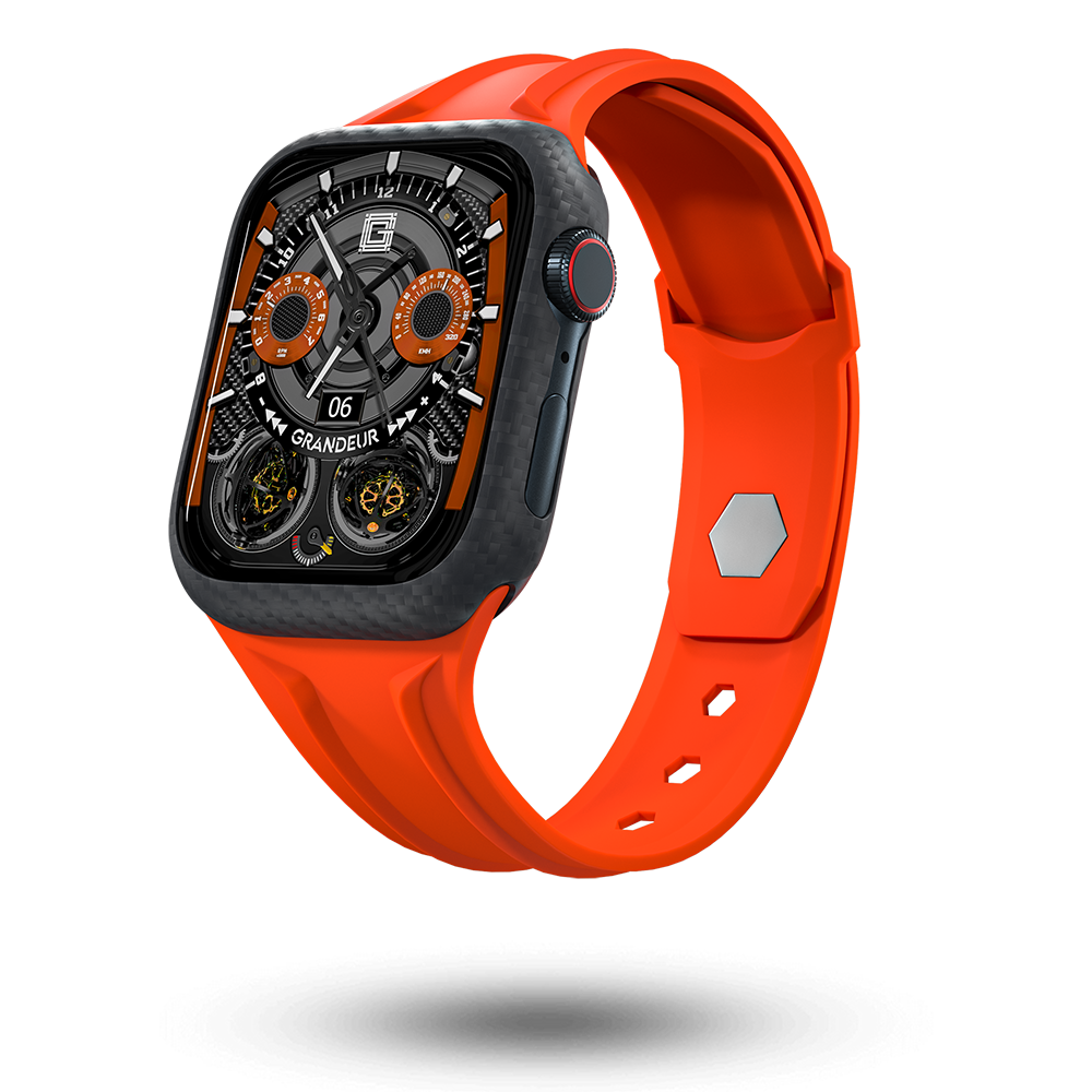 Carbon Fiber Apple Watch Case - Papaya Strap