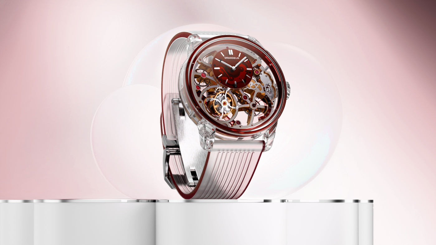 GRANDEUR Tilt — Ruby with its frozen translucent strap