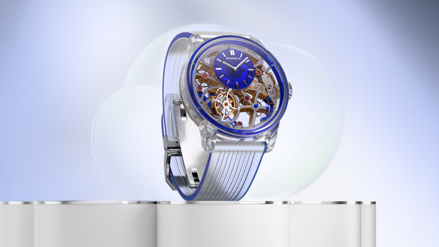 GRANDEUR Tilt — Sapphire with its frozen translucent strap