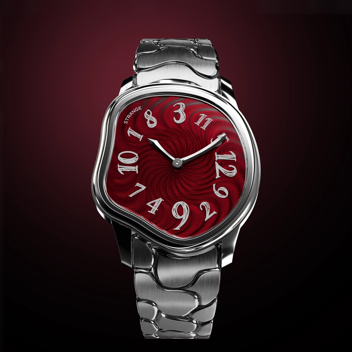 Grandeur Strange Quartz Guilloché Enamel watch in Burgundy Red on the bracelet
