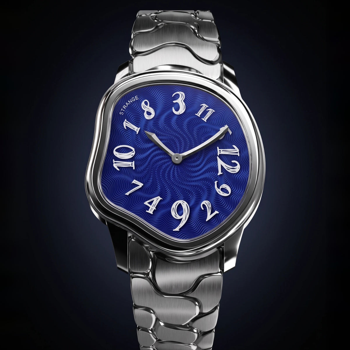 Grandeur Strange Quartz Guilloché Enamel watch in Indigo Blue on the bracelet