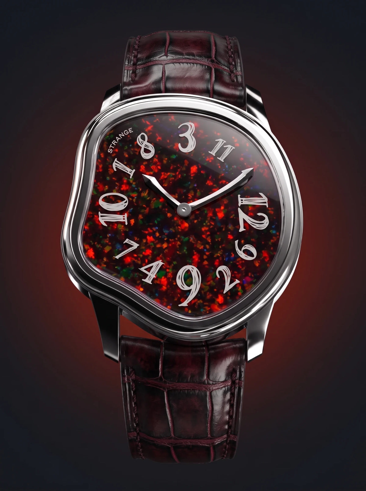Grandeur Strange Quartz Stone Edition watch with a Black Opal dial on a burgundy leather strap