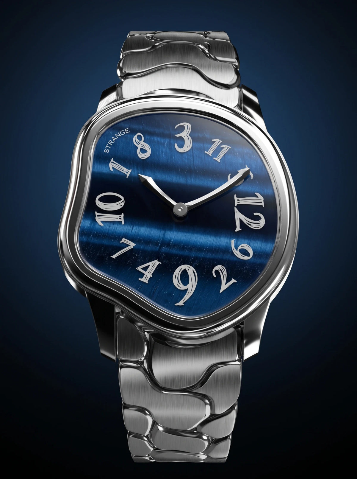Grandeur Strange Quartz Stone Edition watch with a Blue Tiger’s Eye dial on the steel bracelet
