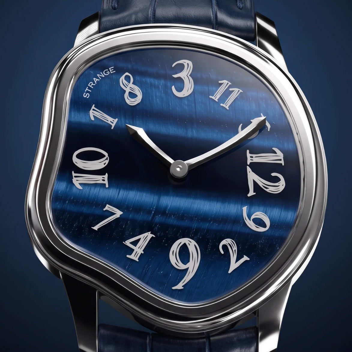 Blue Tiger’s Eye stone dial with white graffiti-style numerals