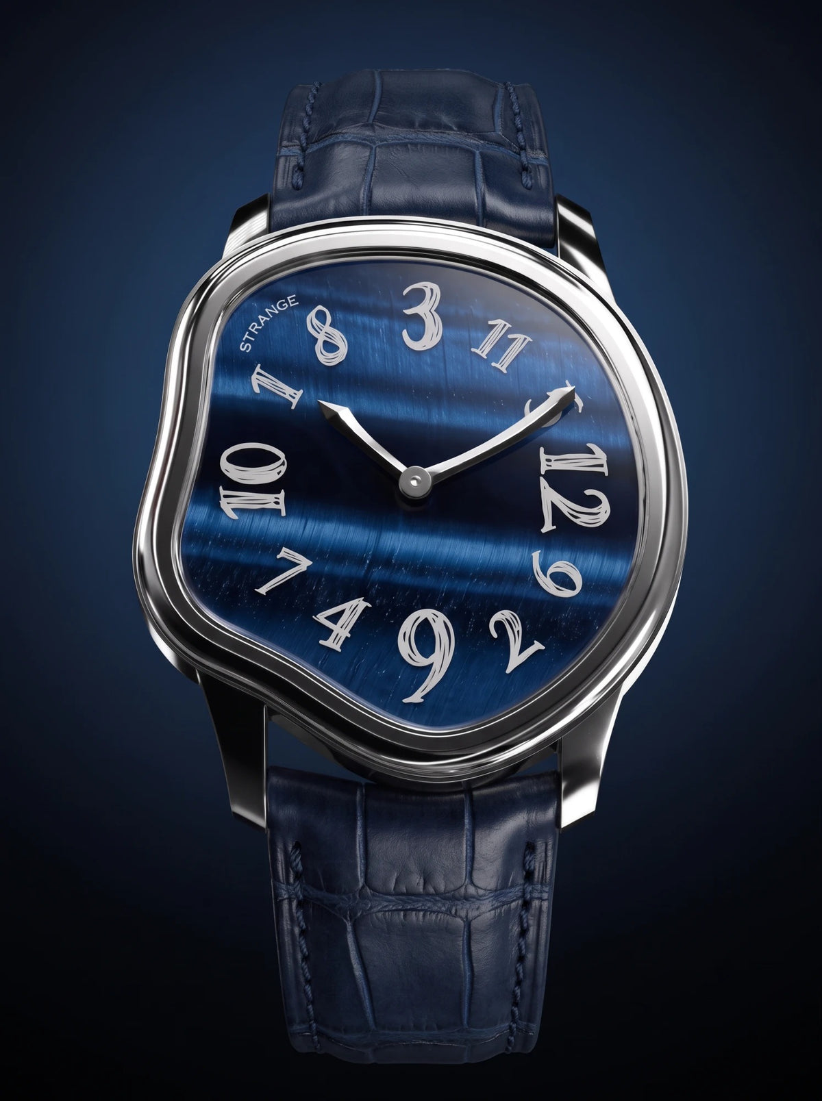 Grandeur Strange Quartz Stone Edition watch with a Blue Tiger’s Eye dial on a navy leather strap