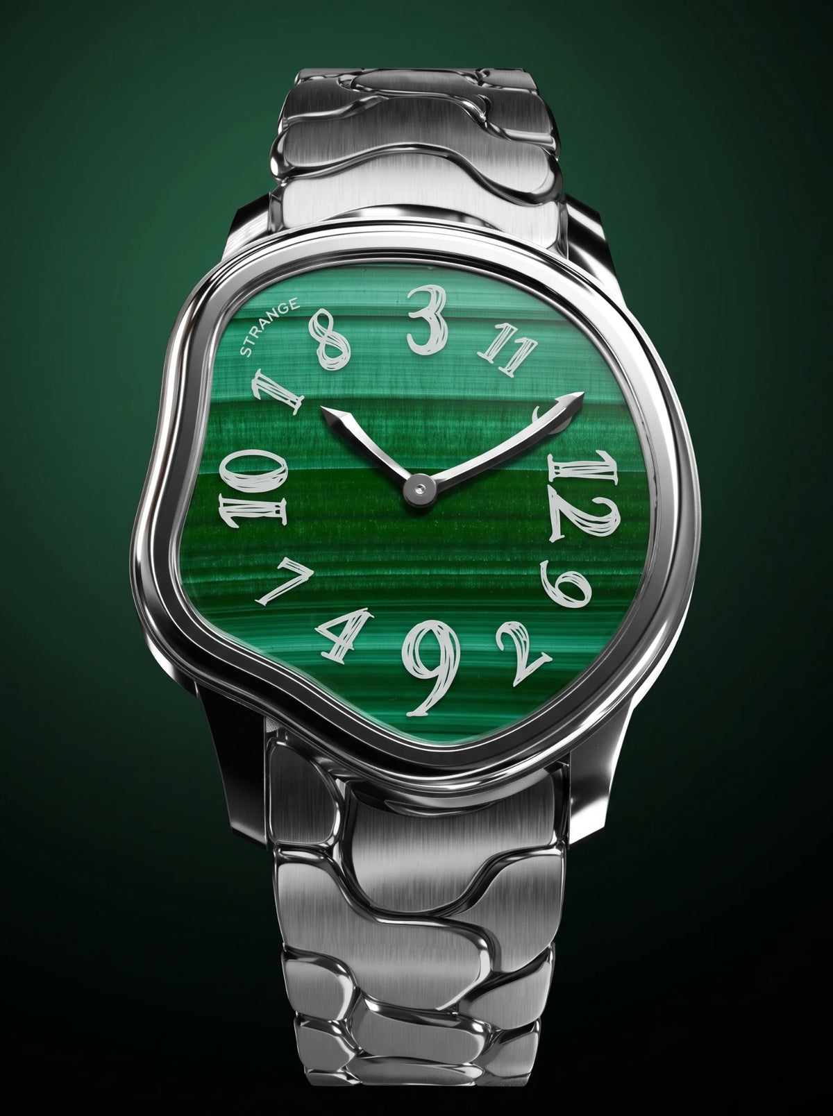 Grandeur Strange Quartz Stone Edition watch with a Malachite dial on the steel bracelet