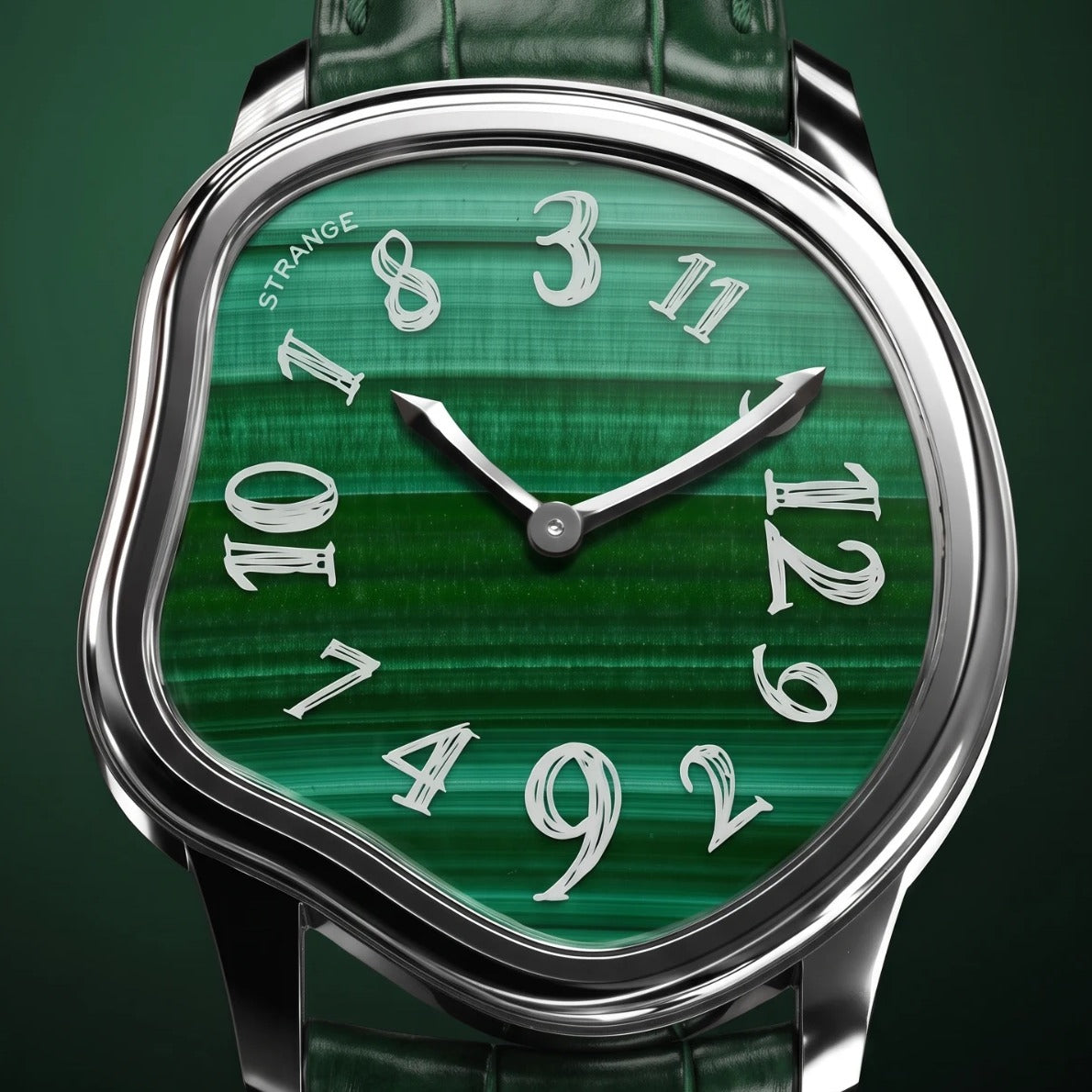 Malachite stone dial with white graffiti-style numerals