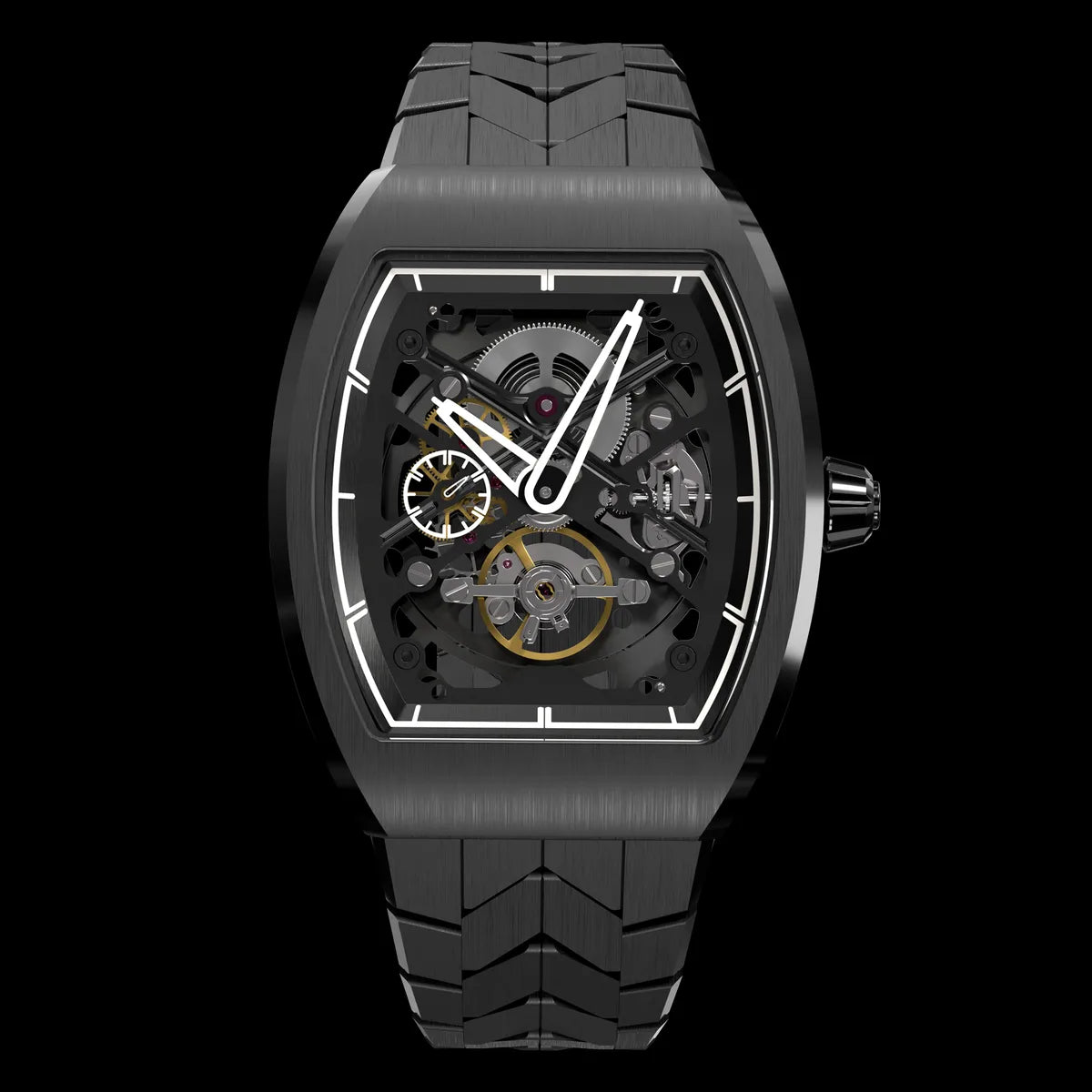 Grandeur TorQ in tantalum with chevron bracelet, skeleton dial