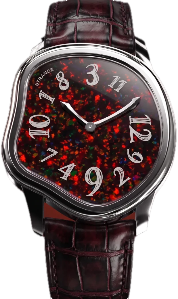 Strange Quartz with a black opal stone dial, polished steel case and burgundy leather strap