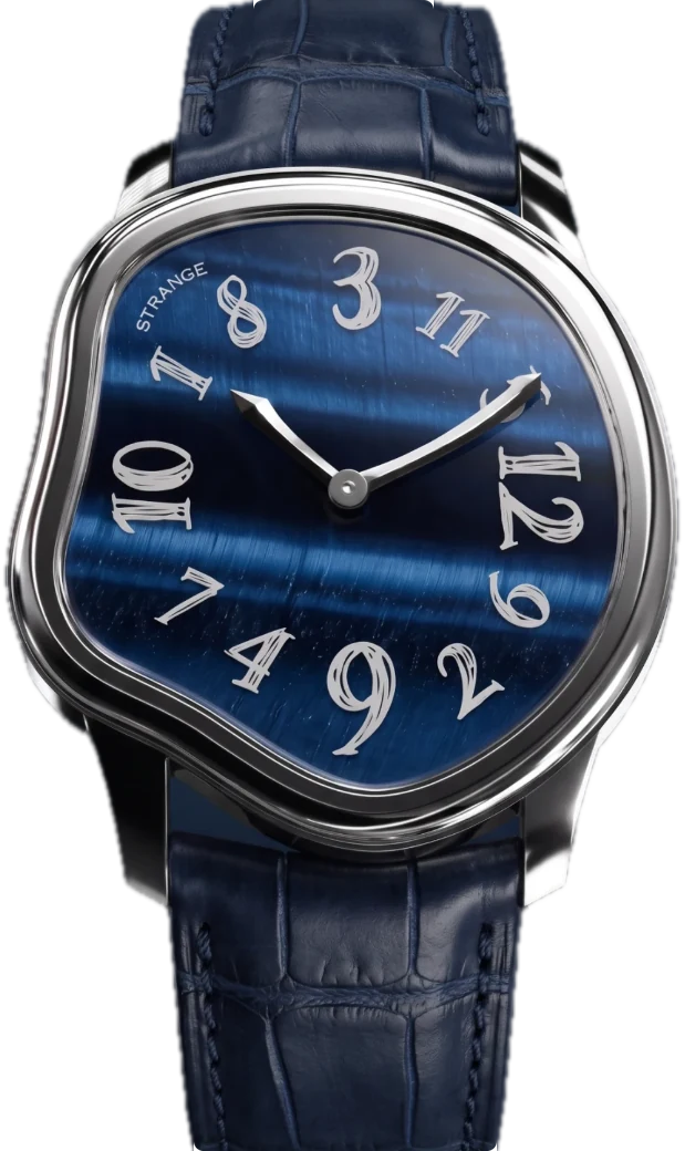Strange Quartz with a blue tiger’s eye stone dial, polished steel case and navy leather strap