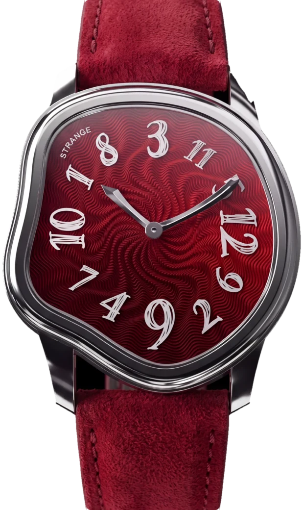 Strange Quartz with a burgundy red guilloché enamel dial, polished steel case and red suede strap