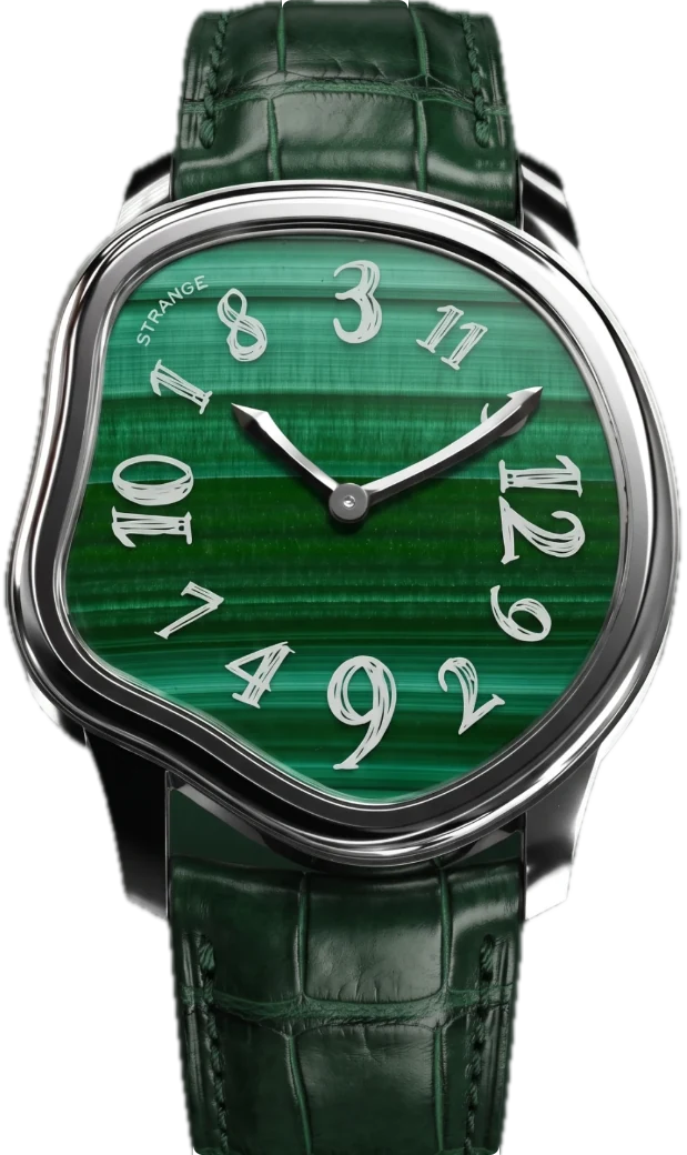 Strange Quartz with a malachite stone dial, polished steel case and green leather strap