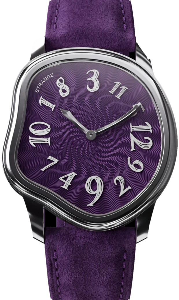 Strange Quartz with a plum purple guilloché enamel dial, polished steel case and purple suede strap