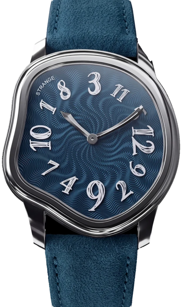 Strange Quartz with a slate blue guilloché enamel dial, polished steel case and slate blue suede strap