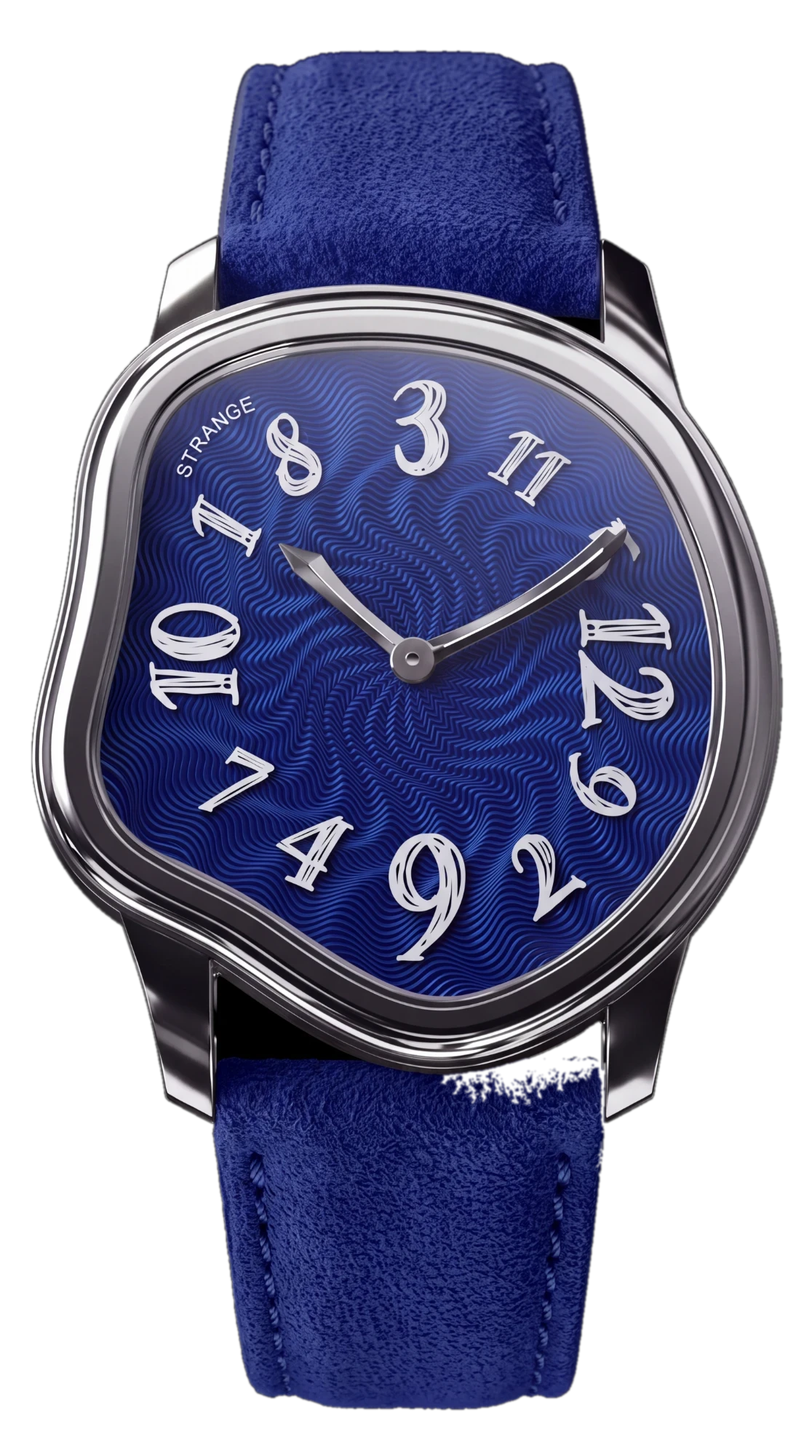 Strange Quartz with an indigo blue guilloché enamel dial, polished steel case and blue suede strap