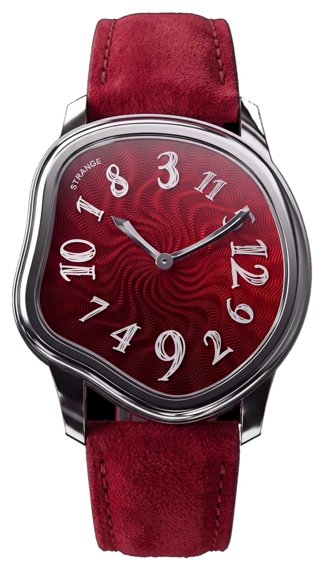 Strange Quartz with a burgundy red guilloché enamel dial, polished steel case and red suede strap