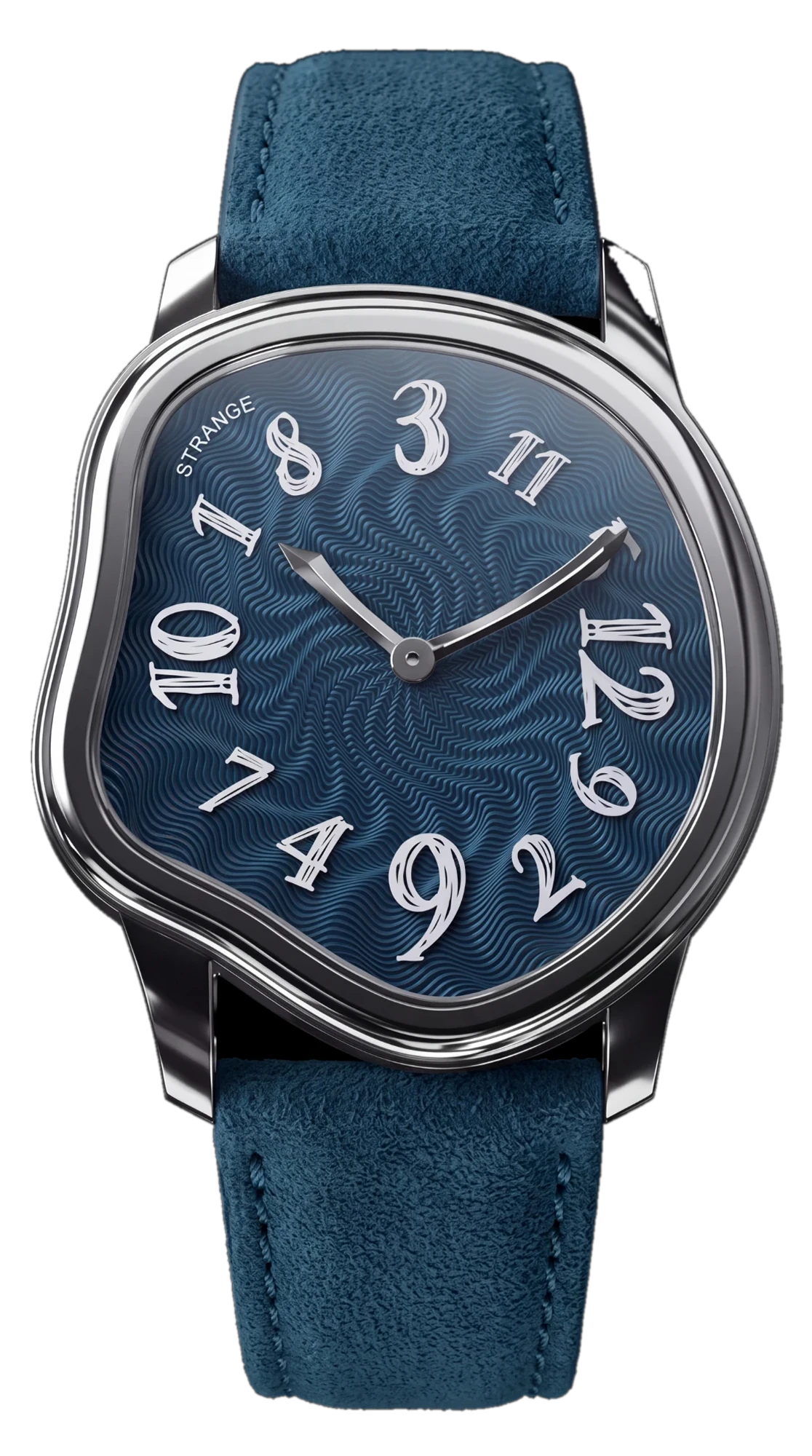 Strange Quartz with a slate blue guilloché enamel dial, polished steel case and slate blue suede strap