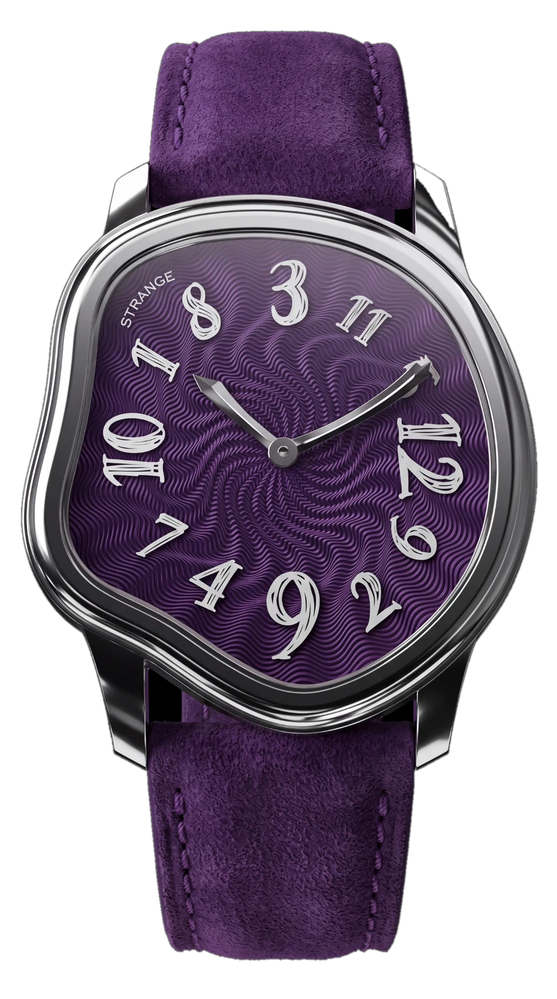 Strange Quartz with a plum purple guilloché enamel dial, polished steel case and purple suede strap