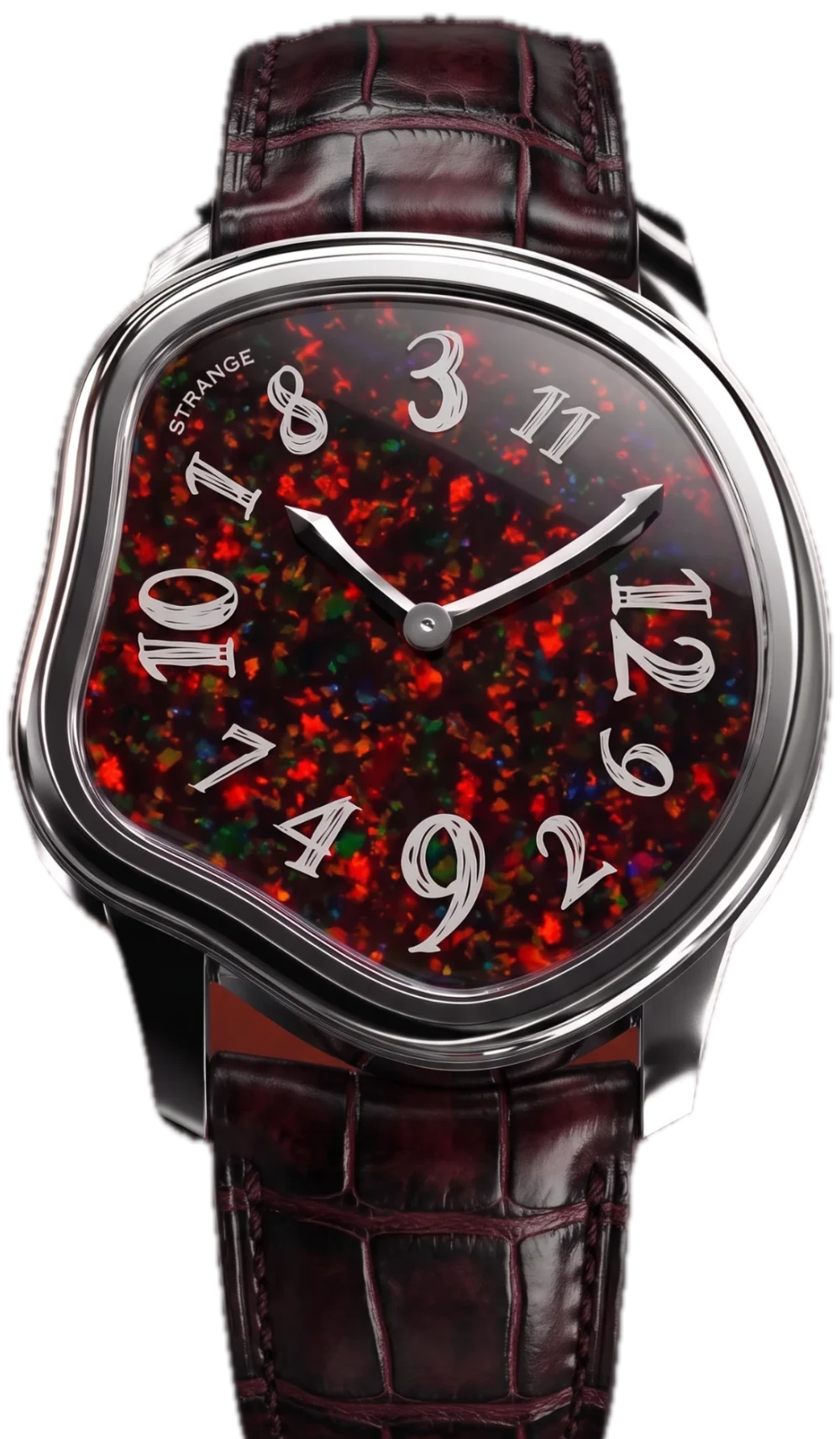 Strange Quartz with a black opal dial on a burgundy leather strap