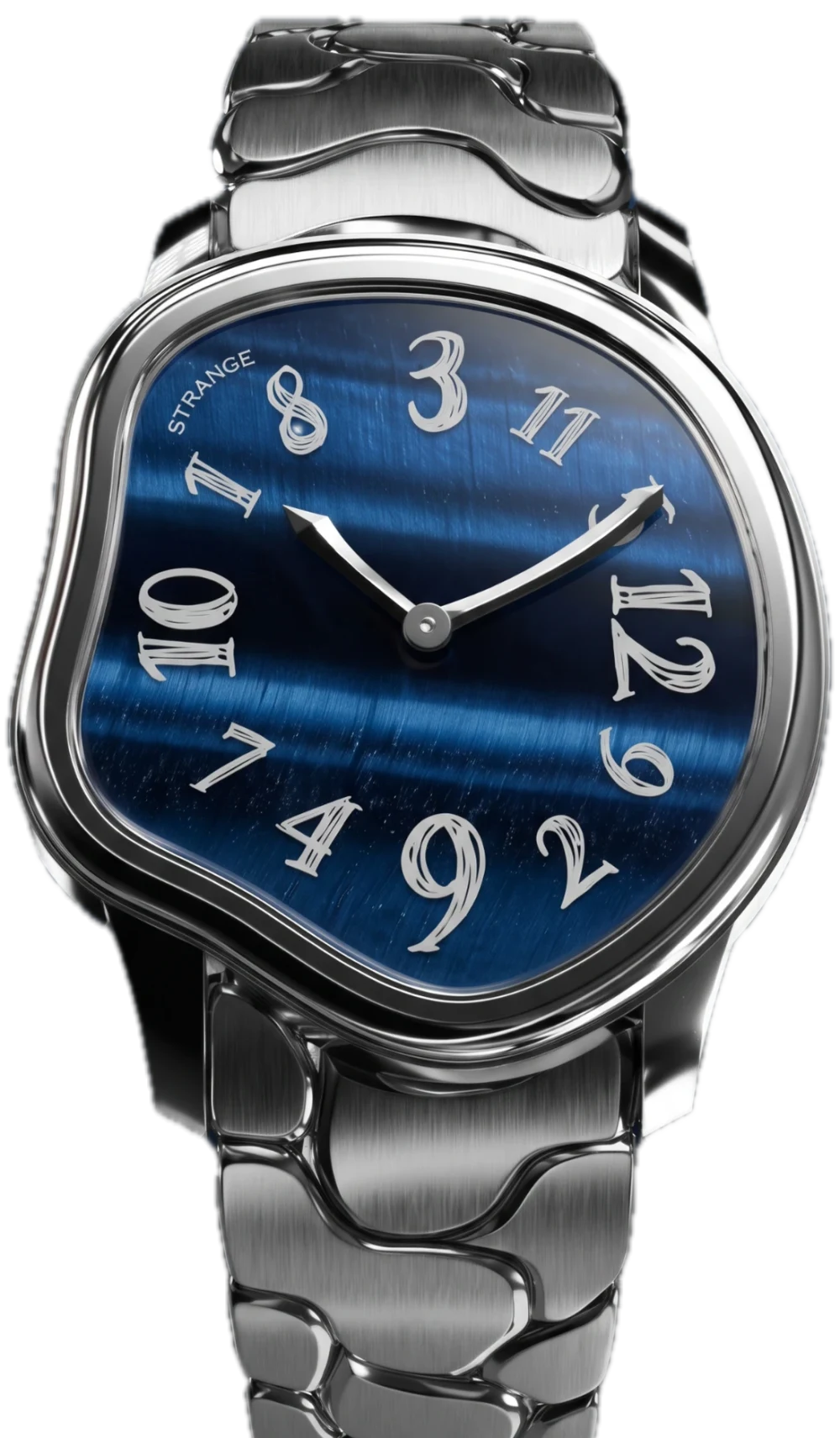 Strange Quartz with a blue tiger’s eye dial on the steel bracelet