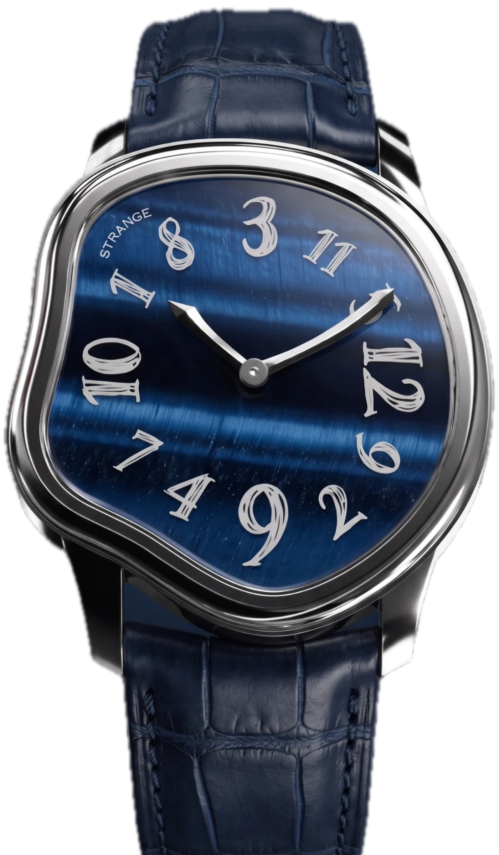 Strange Quartz with a blue tiger’s eye dial on a navy leather strap