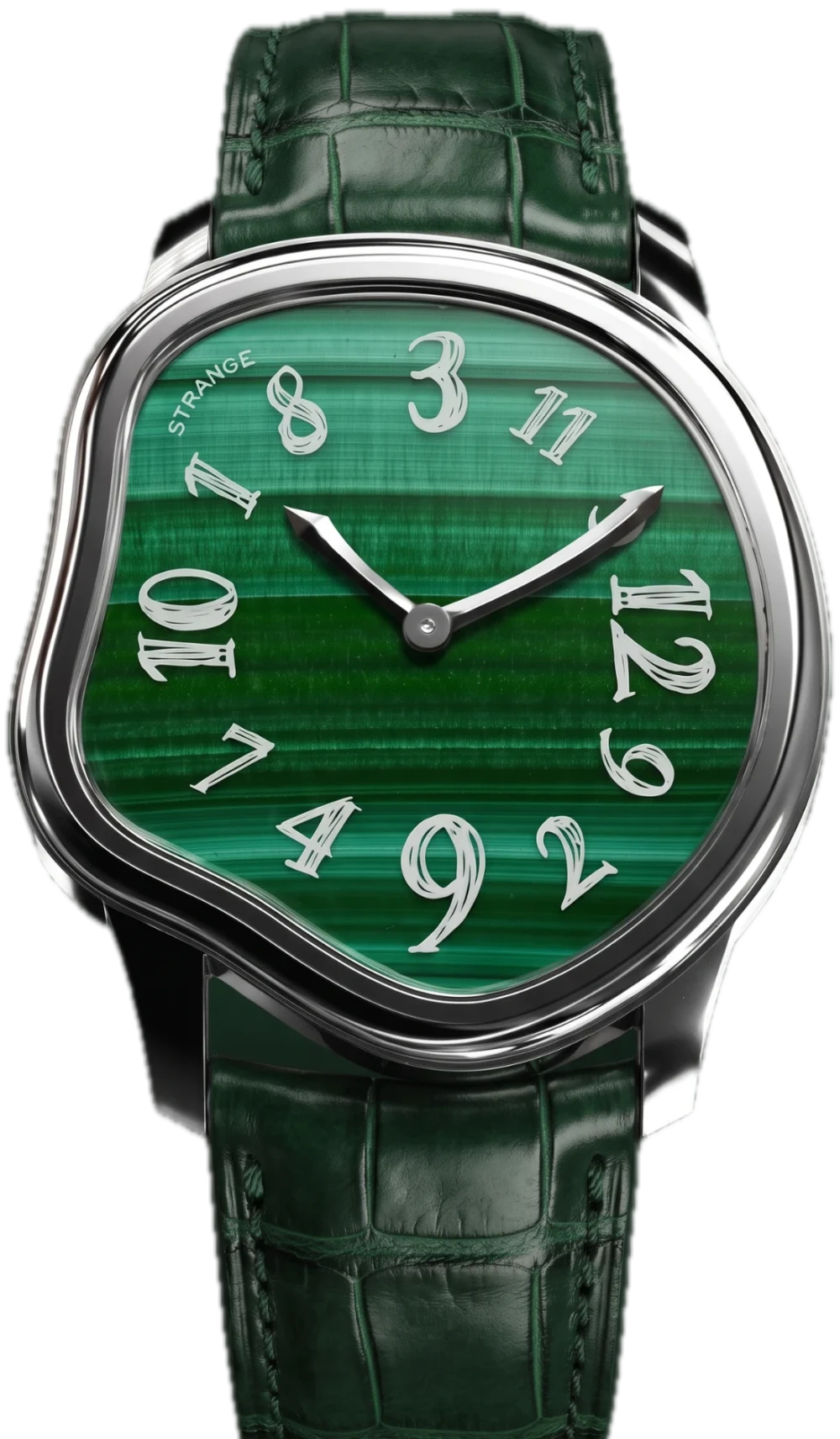 Strange Quartz with a malachite dial on a green leather strap