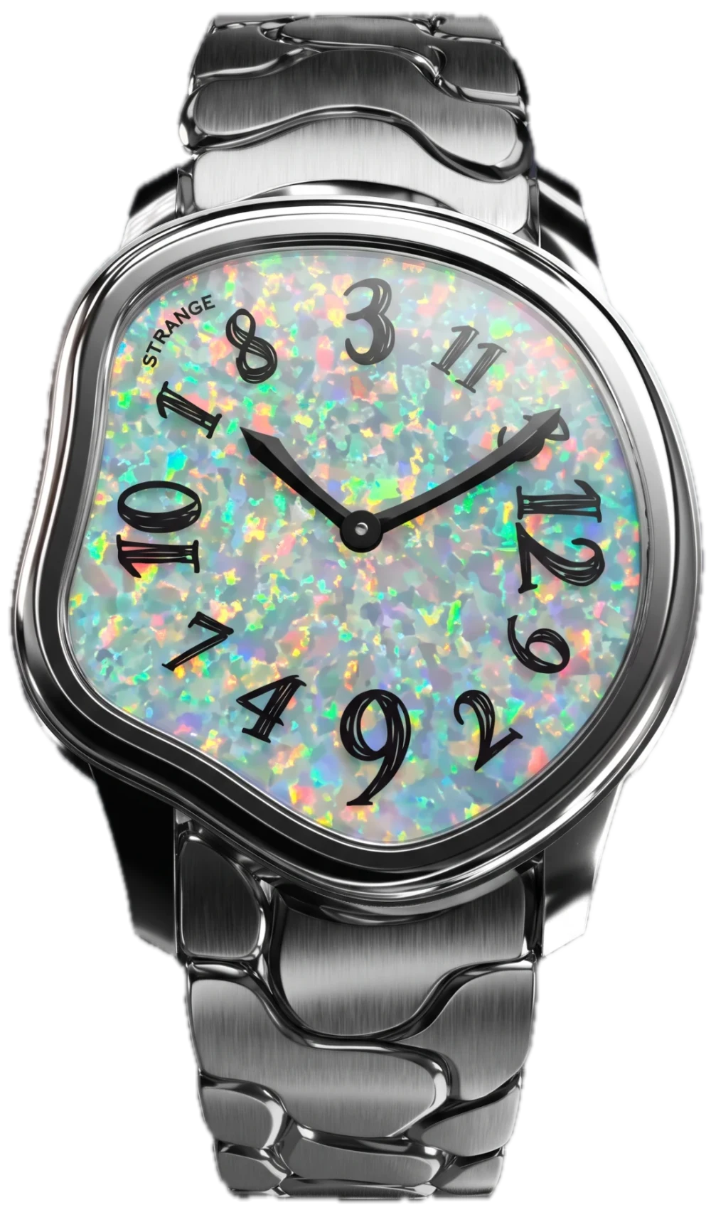 Strange Quartz with a white opal dial on the steel bracelet