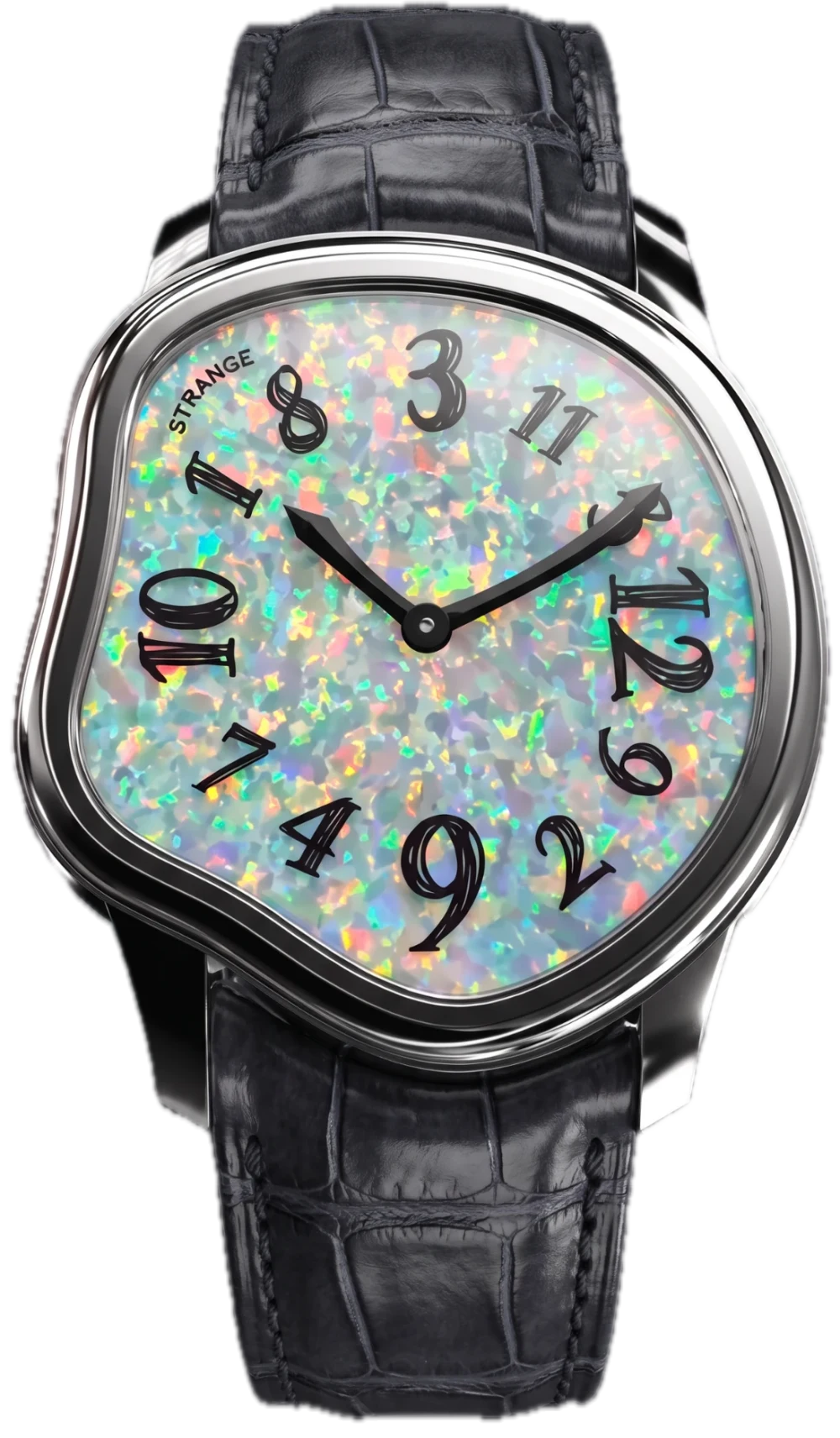 Strange Quartz with a white opal dial on a grey leather strap