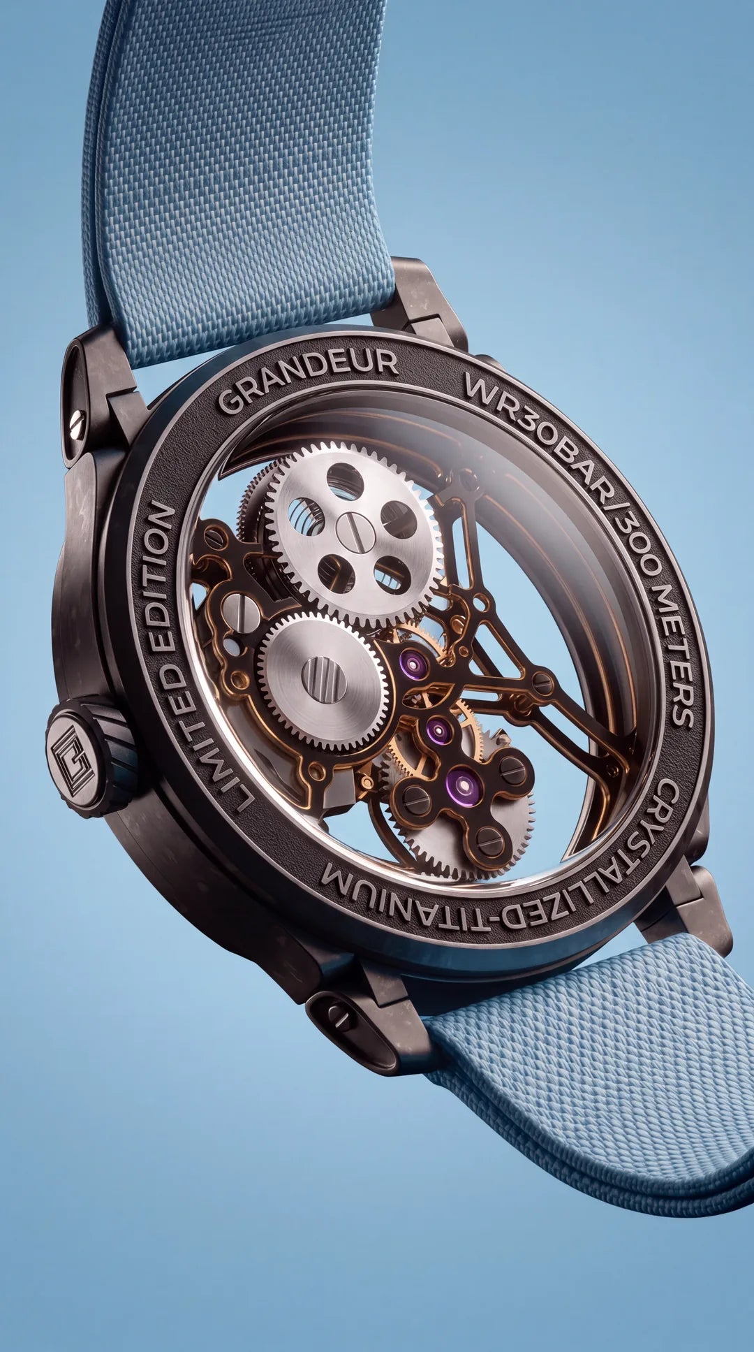Caseback engraved WR30BAR / 300 METERS, crystallized titanium, limited edition