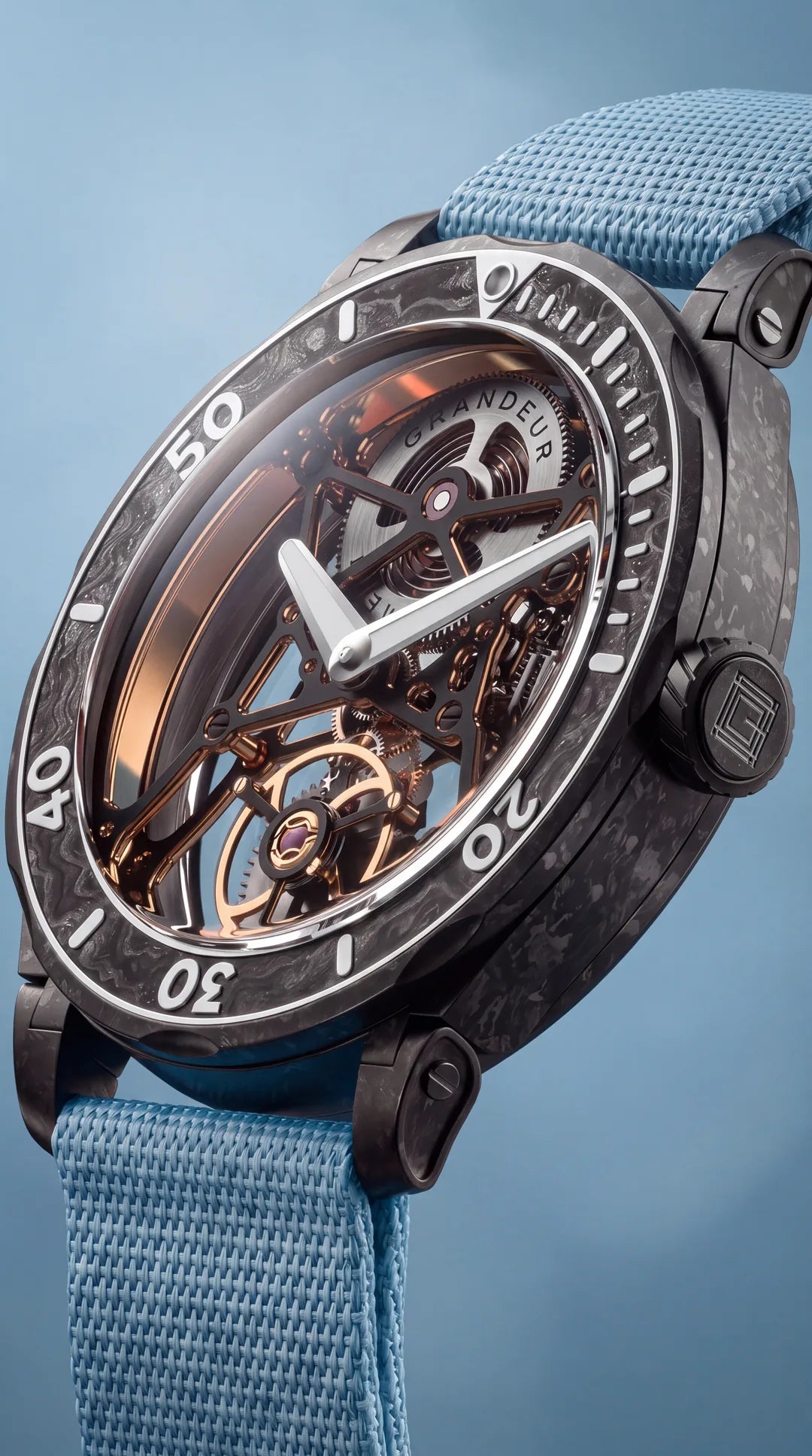 Macro of the skeletonized movement and rose-gold flanks