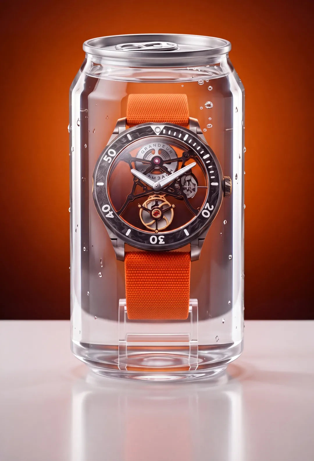 THAL 300 Signal Orange sealed in a water-filled clear can