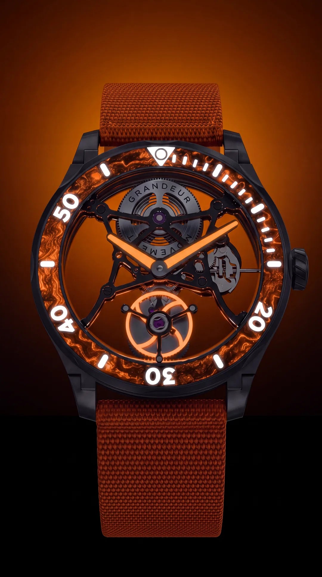 THAL 300 Signal Orange glowing in the dark, luminous orange bezel, hands and tourbillon
