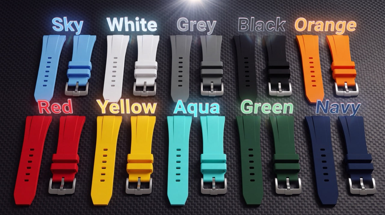 FKM rubber strap colour chart for the Grandeur TorQ V2 showing ten colours: Sky, White, Grey, Black, Orange, Red, Yellow, Aqua, Green and Navy.