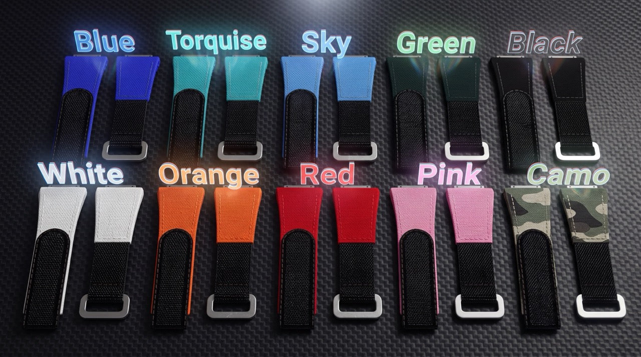 Velcro strap colour chart for the Grandeur TorQ V2 showing ten colours: Blue, Torquise, Sky, Green, Black, White, Orange, Red, Pink and Camo.